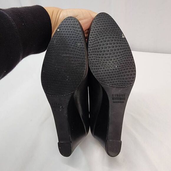 Stuart Weitzman Size 8 Black Leather Women's Wedge Slip On Almond Toe Heel Pumps - Picture 9 of 10